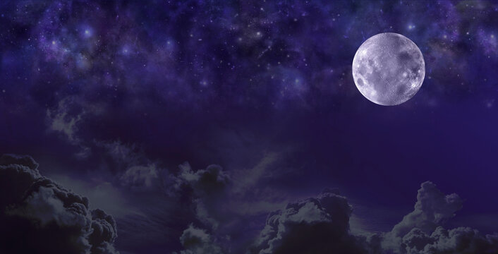 Moon stars and dark sky night banner - dark blue starry deep space background fading into dark night sky with clouds and blue moon on right side with plenty of space for messages
