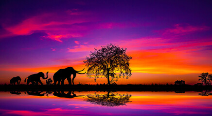 Panorama silhouette tree in africa with sunset.Dark tree on open field dramatic sunrise.Safari theme.blur shadow techniques.elephants.