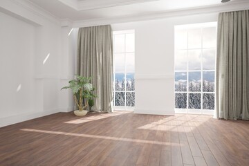 modern room with curtains,plant and mountain background in windows interior design. 3D illustration