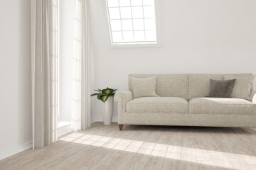 modern room with sofa,pillows,plant in the corner and curtains interior design. 3D illustration