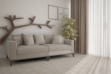 Fototapeta na wymiar modern room with sofa,pillows,wood shelv,plant and frames interior design. 3D illustration