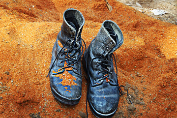 Soldiers boots of the army of Israel in dust on the sand. Concept: Soldiers Tzahal (IDF - Israel...