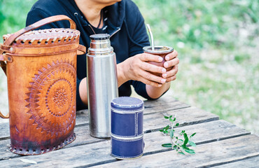 mate, woman, infusion, grass, drink, traditional, latin, green, hot, stimulant, herb, cup,...