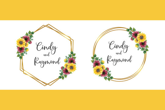 Floral Frame Wedding invitation Card set, floral watercolor hand drawn Sunflower Flower design Invitation Card Template