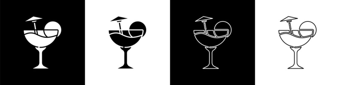 Set Cocktail And Alcohol Drink With Umbrella Icon Isolated On Black And White Background. Vector