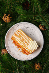 honey cake on ceramic plate top view. dessert on spruce background with cone