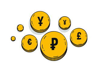 Currency symbols, golden coins icons. Isolated on a white background, cartoon style vector illustration set.