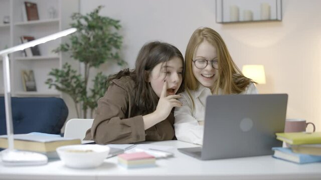 Two teen girls looking at photos in social network on laptop, feeling shocked
