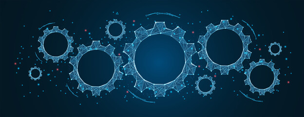Abstract gear wheels in dark background. Cogs and gear wheel mechanisms concept. Mechanical technology machine engineering wireframe. low polygonal blue mesh with dots, lines, and shapes. vector 3d - obrazy, fototapety, plakaty