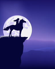 cowgirl riding horse standing at mountain cliff top against full moon -  nighttime great outdoors wild west scene silhouette landscape vector design