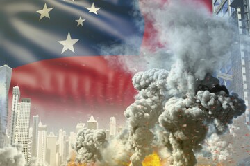 large smoke pillar with fire in the modern city - concept of industrial catastrophe or terroristic act on Samoa flag background, industrial 3D illustration