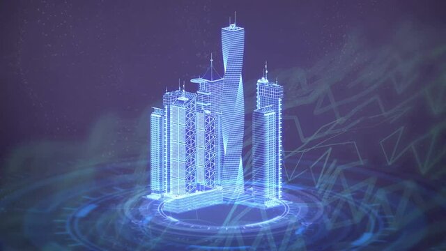 poligonal city buildings rotates, cg industrial 3D animation