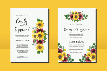 Floral Frame Wedding invitation Card set, floral watercolor hand drawn Sunflower Flower design Invitation Card Template