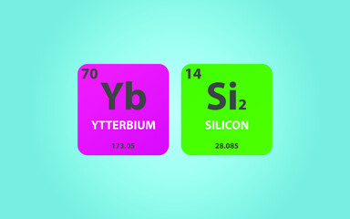 Ytterbium Disilicide YbSi2 molecule. Simple molecular formula consisting of Ytterbium, Silicon,  elements. Chemical compound simplified structure on blue background, for chemistry education