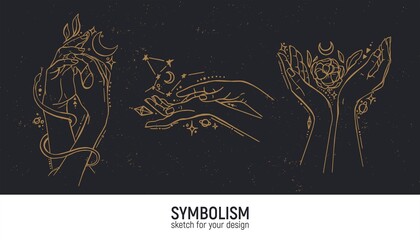 Set of mystical compositions. Hands, woman, spirituality, magic and spirituality. - obrazy, fototapety, plakaty
