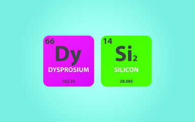 Dysprosium Disilicide DySi2 molecule. Simple molecular formula consisting of Dysprosium, Silicon,  elements. Chemical compound simplified structure on blue background, for chemistry education