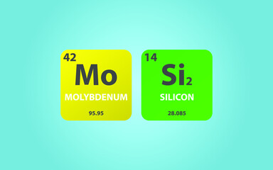 Molybdenum Disilicide MoSi2 molecule. Simple molecular formula consisting of Molybdenum, Silicon,  elements. Chemical compound simplified structure on blue background, for chemistry education