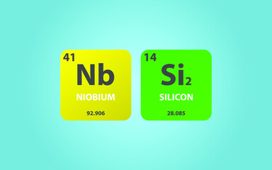Niobium Disilicide NbSi2 molecule. Simple molecular formula consisting of Niobium, Silicon,  elements. Chemical compound simplified structure on blue background, for chemistry education