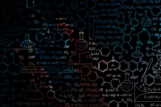 Hand drawn science formulas on chalkboard for background. 