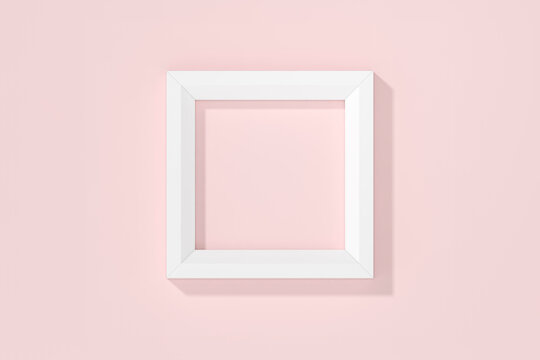 White frame on pastel pink background 3d rendering. 3d illustration Modern picture frame, Empty white border frame, Blank picture frame on pink wall template minimal concept.
