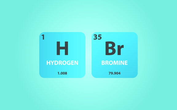 Hydrogen Bromide HBr molecule. Simple molecular formula consisting of Hydrogen, Bromine,  elements. Chemical compound simplified structure on blue background, for chemistry education