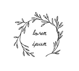 Obraz premium Vector illustration of hand drawn graceful leafy wreath. Ink drawing, wild nature elements, graphic style. Beautiful wedding or greetings design element