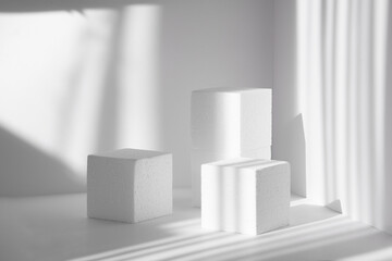 3d podium, for presentations of packaging and cosmetics. Three white styrofoam cubes, of different heights, against background of clean walls, shadow from the harsh sunlight like streaks