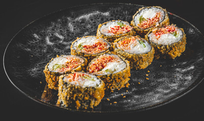 sushi roll in plate on wooden table background