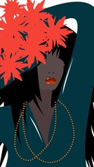 Abstract dark skinned lady with hot red juicy lips and black hair holds a bouquet of red fairy flowers above her head. Elegant pose, expressive character, red, orange and turquoise colors. Summer.