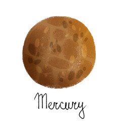 Cute bright Mercury planet. Isolated on white background. Hand drawn illustration for children
