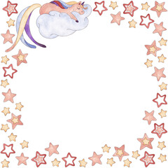 Frame from a set of watercolor illustrations of stars and a unicorn sleeping on a cloud in blue, purple, red, cream colors isolated on white background