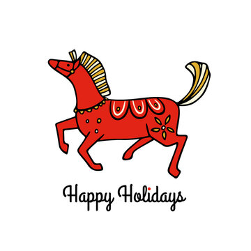 Vector Holidays card with hand drawn sweet playful Swedish Dala Horse. Beautiful design elements, ink drawing. Wonderful Advent, Christmas or New Year card.