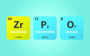 Fototapeta na wymiar Zirconium Pyrophosphate ZrP2O7 molecule. Simple molecular formula consisting of Zirconium, Phosphorus, Oxygen elements. Chemical compound simplified structure on blue background