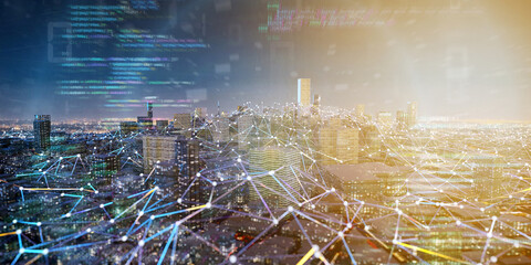 Smart city with network and communication connection - 3d rendering