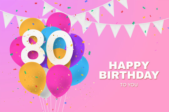 Happy 80th birthday balloons greeting card background. 80 years anniversary. 80th celebrating with confetti. Illustration stock