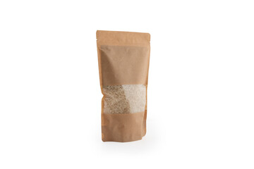 Rice. pulses packaging from Kraft paper.legumes in brown craft packaging, on a natural white