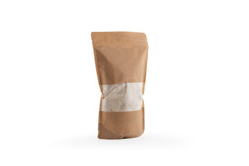 undried food made of curd, tomato and flour. pulses packaging from Kraft paper.legumes in brown craft packaging, on a natural white
