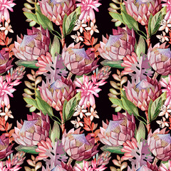 Boho style exotic seamless pattern with proteas and succulents on a black background