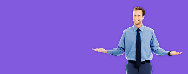 Comparison concept - confident businessman showing, holding or giving something on both flat hands for similar choice, over violet purple color background. Copy space area for text.
