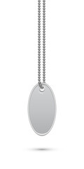 Empty oval silver military or dogs badge hanging on steel chain. Vector army object isolated on white background. Pendant with blank space for identification, blood type in case of death and injury