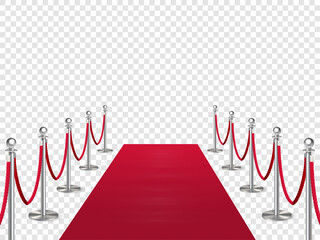Red carpet with metal column guard isolated on transparent background. Entertainment, festival event, reward ceremony. Design for cinema premiere celebration and performance on stage, in theater.