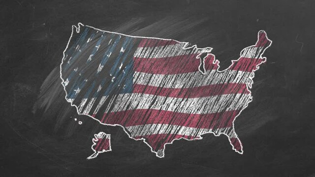 United States. Chalk drawn and animated map with flag.