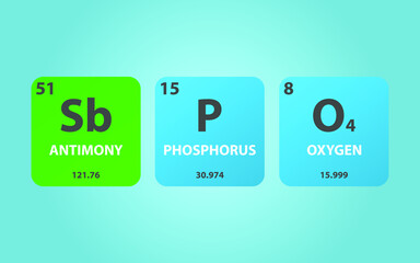 Antimony Phosphate SbPO4 molecule. Simple molecular formula consisting of Antimony, Phosphorus, Oxygen elements. Chemical compound simplified structure on blue background, for chemistry education