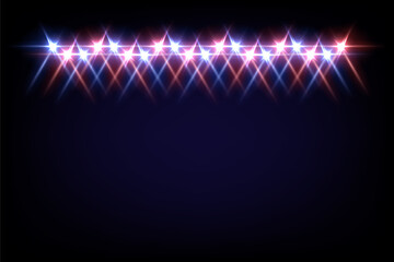 Red and blue light from projectors on black background. Spotlight with beams effect on stage vector illustration. Abstract bright disco light at party or entertainment event, festival