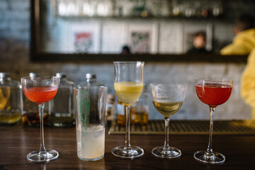Cocktail glasses on the table in a bar