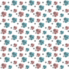 Black outline flowers on pink and blue blot. Seamless pattern. Vector illustration for background, textile design