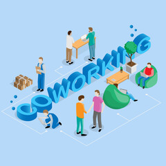 Coworking people isometric composition with figures of freelance workers and various situations group actions with 3d text Coworking.