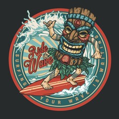 Surfing vintage round colorful label