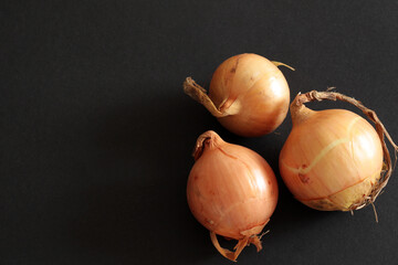 fresh raw yellow onions on black background