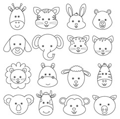 Set of cartoon animal face vector line drawing